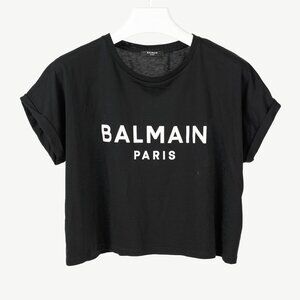 Balmain Black Cotton Cropped Velvet-Logo-Print T-Shirt